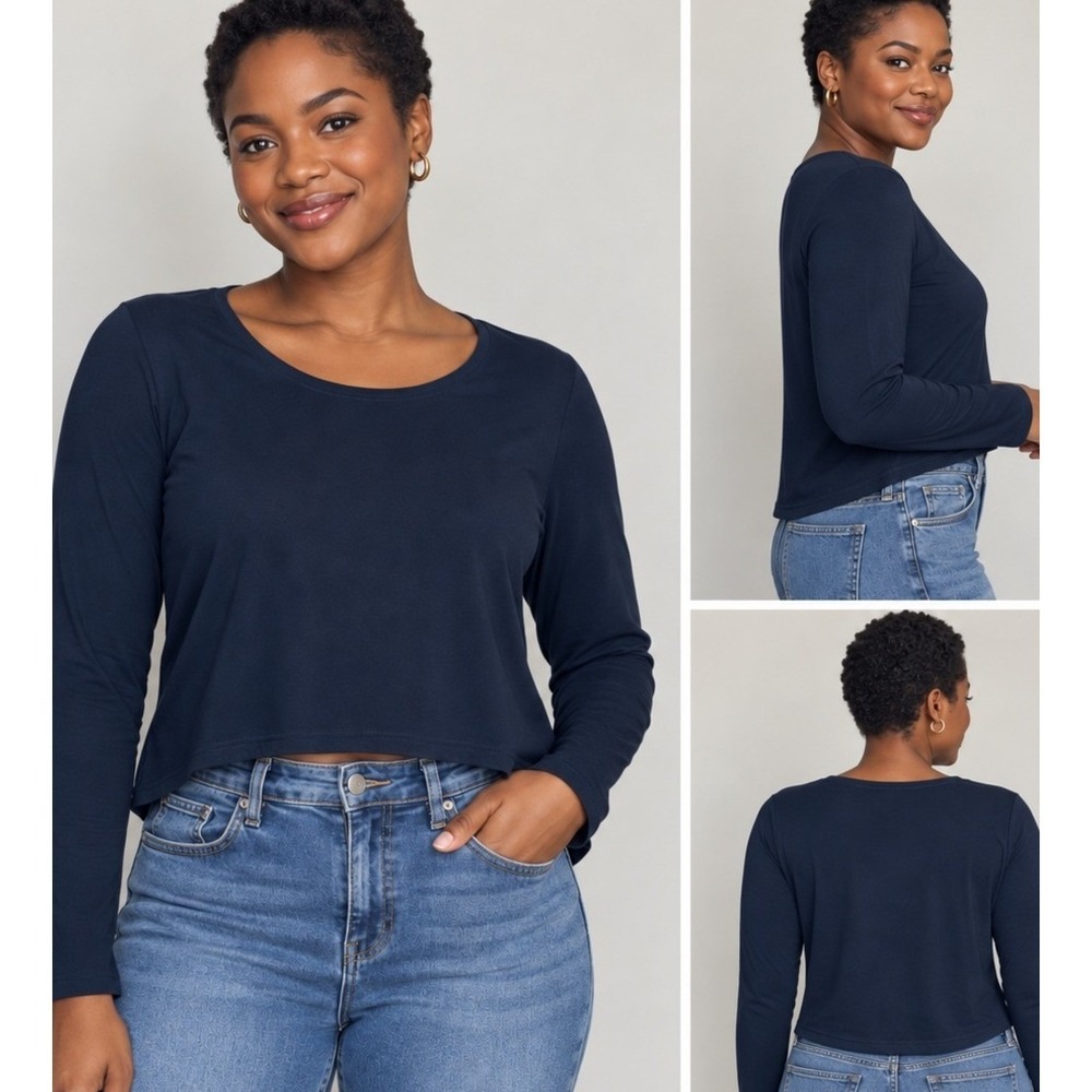 Sympli Navy Blue Long Sleeve High Low Crop Top Size 8 Made in Canada